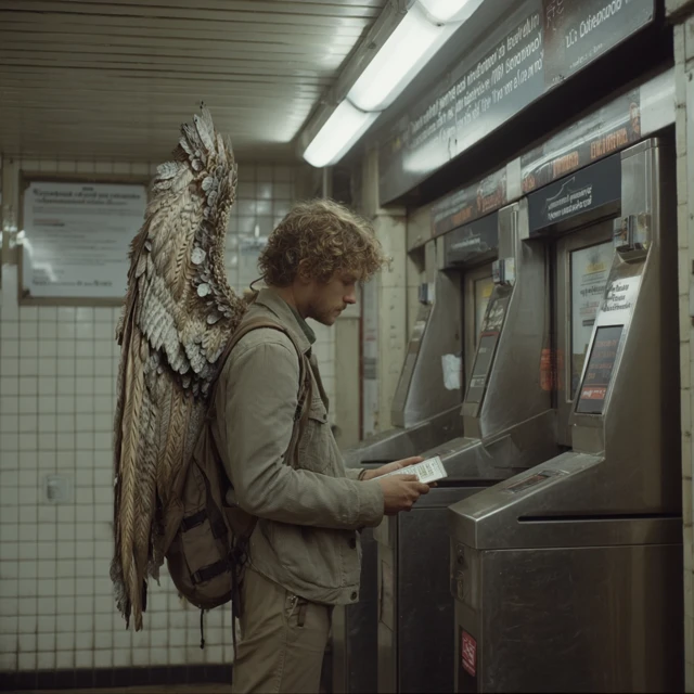 Winged Man Subway Scene Surreal Art
