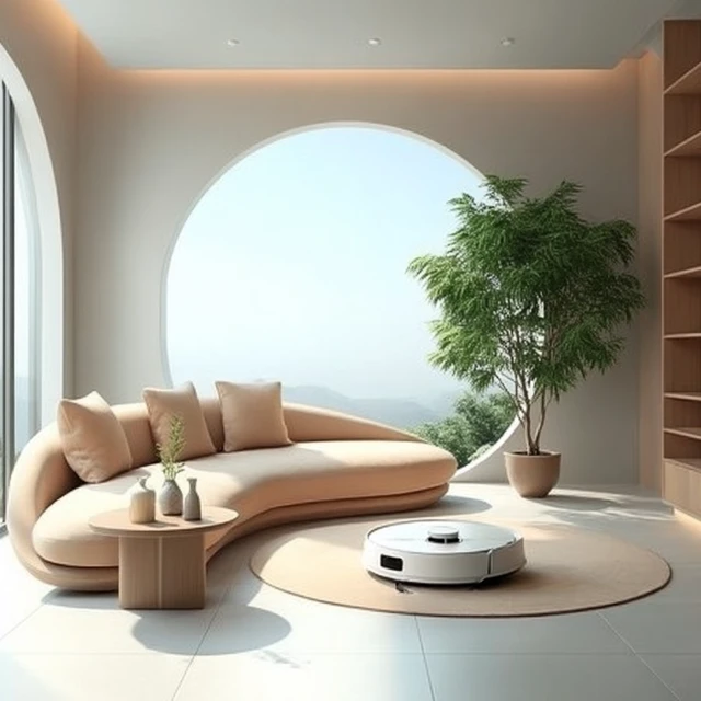 Modern Minimalist Living Room 3D Render with Robotic Vacuum