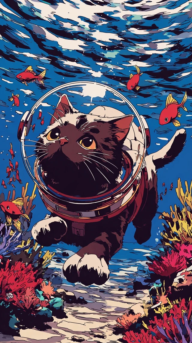 Underwater Cat Adventure in Anime Style