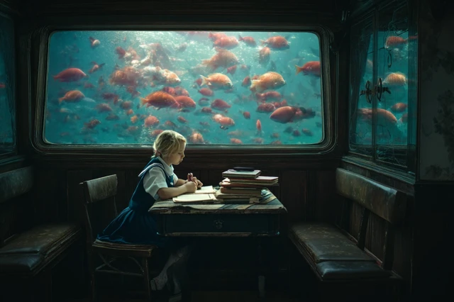 Girl in Sailor Suit Underwater Classroom