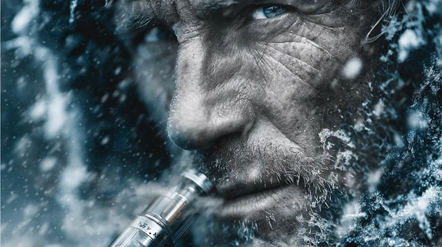 Man Vaping in Snow Cinematic Portrait