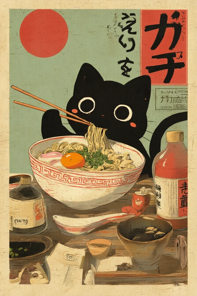 Kawaii Black Cat Eating Ramen Poster Anime Style