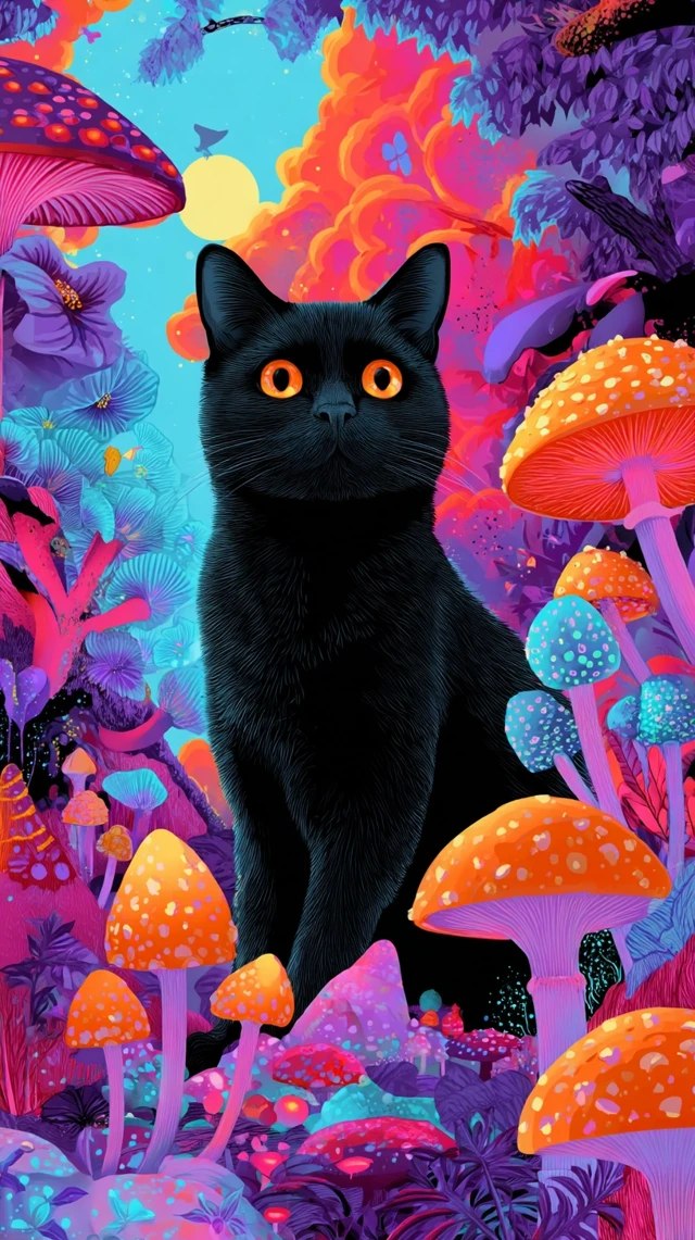 Black Cat Trippy Art with Magic Mushrooms