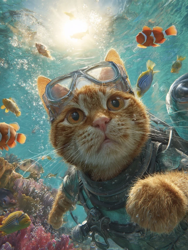 Underwater Cat Selfie with Tropical Fish