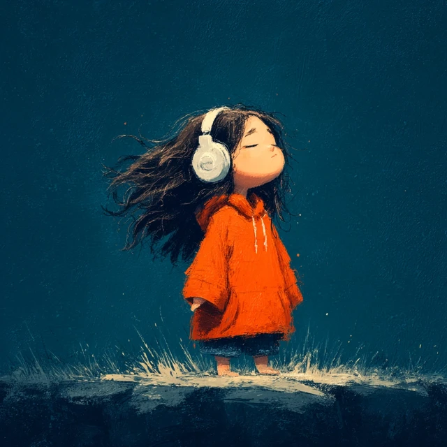Cute Cartoon Girl with Headphones Listening to Music