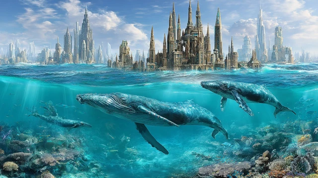Sunken Coral City Whales Swimming Underwater
