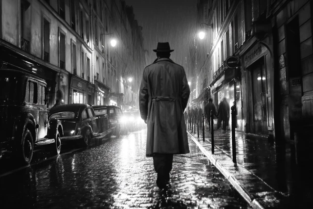 Man in Trenchcoat Walking Paris Night Rainy Black and White