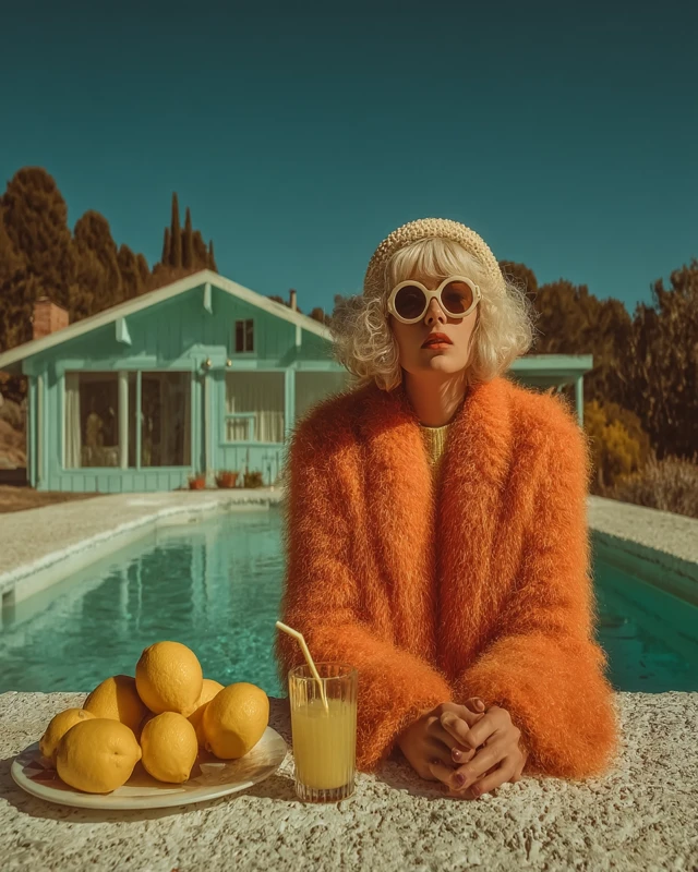 Eccentric Lady in Orange Coat by the Pool