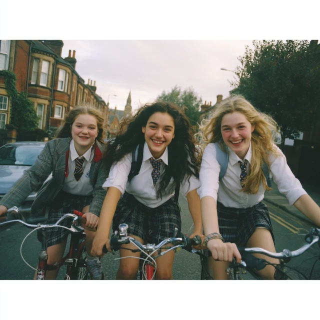 Friends Riding Bikes Laughing Full Color Photo