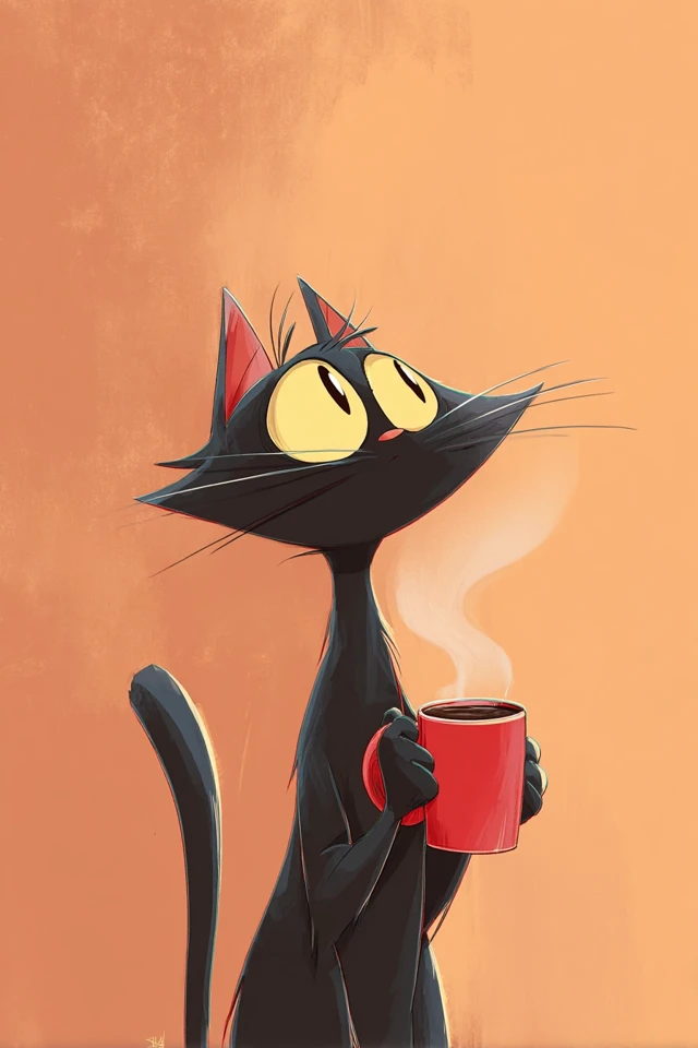 Black Cat Cartoon Drinking Coffee Illustration