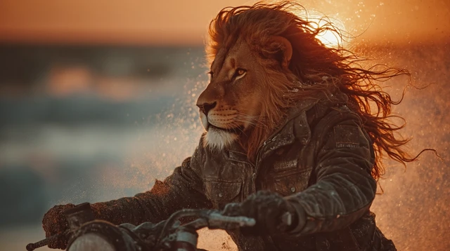 Lion on a Motorcycle Beach Sunset