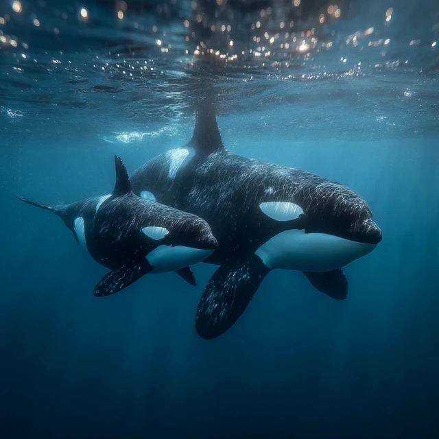 Orca Mother and Baby Underwater Scene
