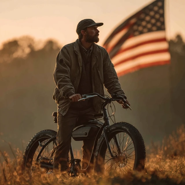 American Patriot on Vintage Electric Bike Outdoors
