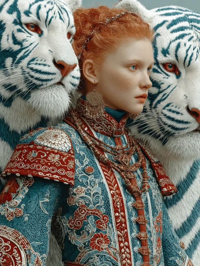 Red-Haired Woman and Tigers: Ancient Culture 3D Render