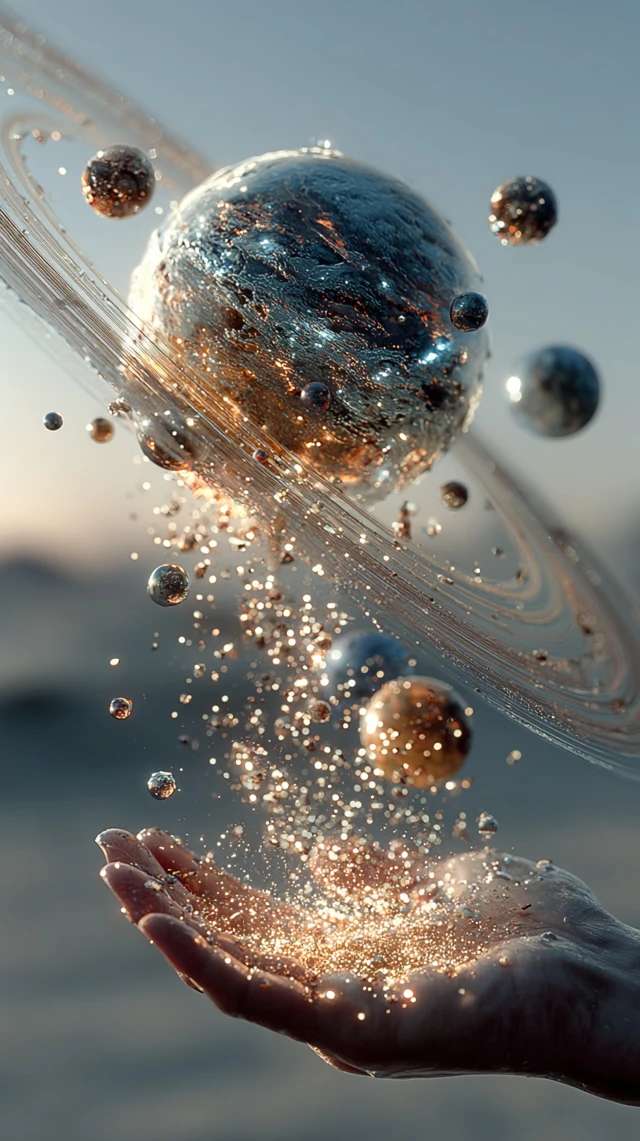 Hand Holding Planets and Particles in Space