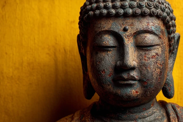 Buddha Statue Close Up on Yellow Background