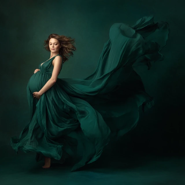 Maternity Portrait Green Dress and Flowing Fabric