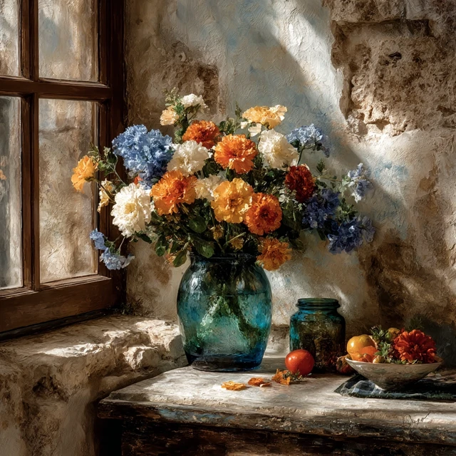 Floral Bouquet on a Table Painting in Orange and Blue