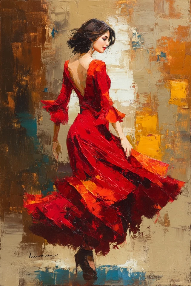 Flamenco Dancer Oil Painting Red Dress Spanish Art