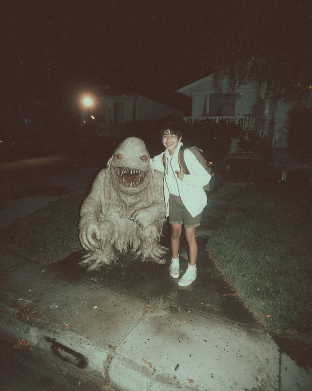 Scary Creature and Human Posing Photo