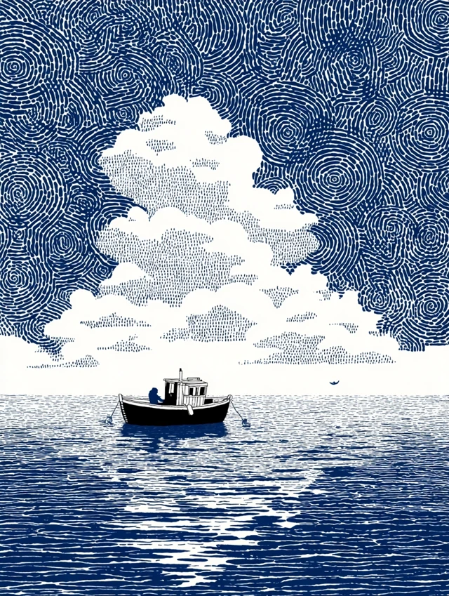 Sea Boat and Clouds Monochrome Art