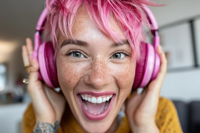 Enthusiastic Young Woman with Pink Hair and Headphones