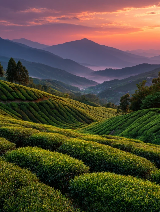 Tea Plantation Sunset Tranquil Landscape