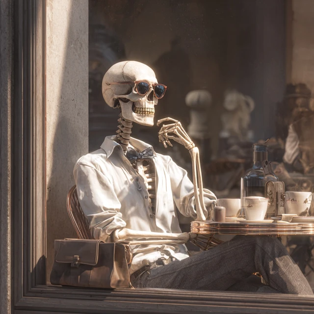 Handsome Skeleton in Madrid Cafe Drinking Coffee