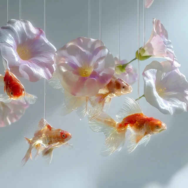 Abstract Organic Sculpture Goldfish and Flowers