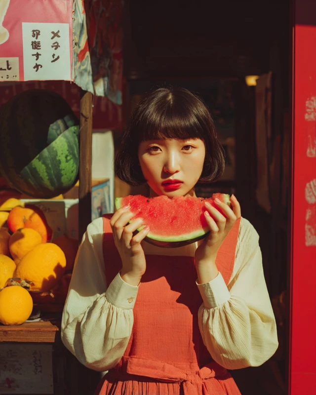 Japanese Portrait Eating Watermelon Color Photography