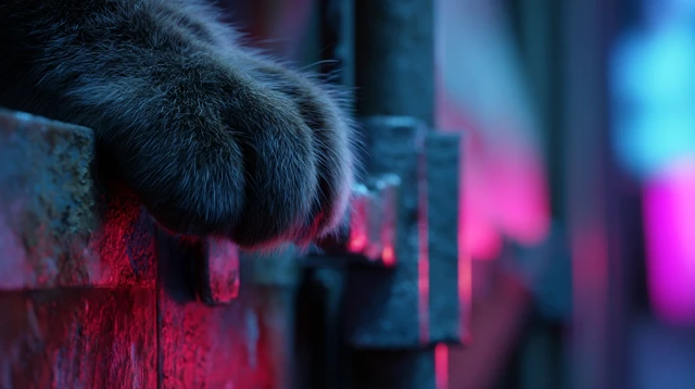 Cyberpunk Cat Paw on a Door Latch Neon Night