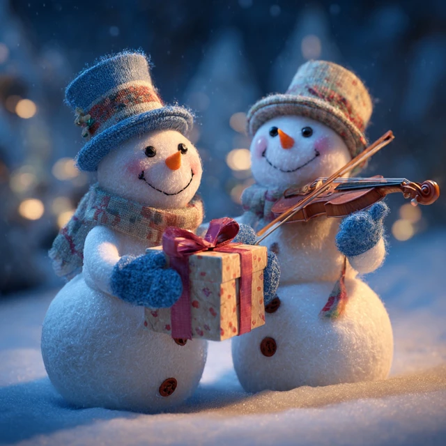 Snowman Violin Players Christmas Scene
