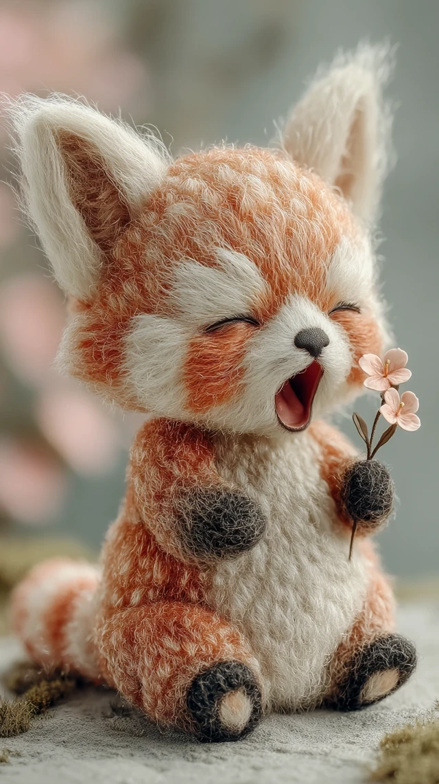 Cute Baby Red Panda Yawning in a Pastel Garden
