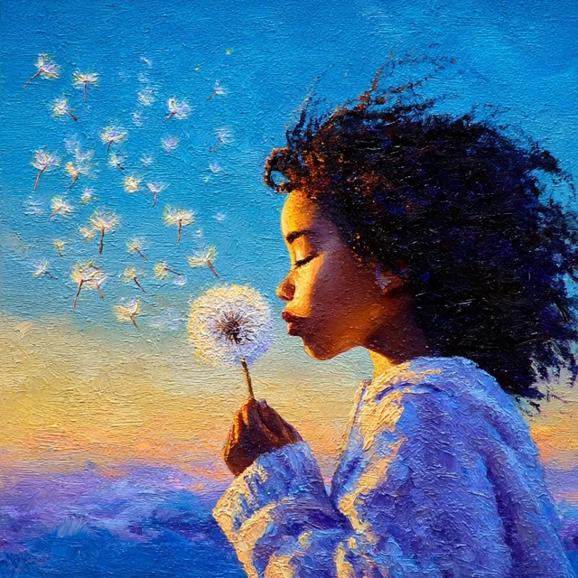 Oil Painting Child Blowing Dandelion Seeds