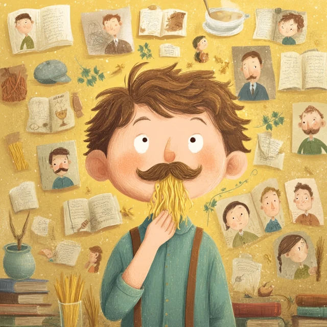Boy with Pasta Mustache Childrens Book Illustration