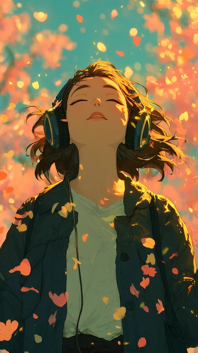 Teenage Girl Listening to Music in Peaceful Scene
