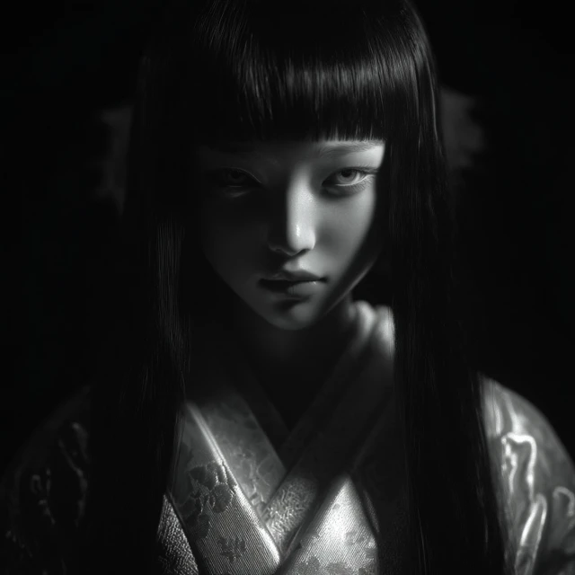 Japanese Doll Portrait Kimono Black Hair
