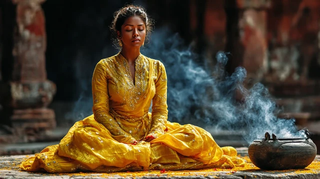 Indian Woman Meditating in Temple: Peaceful Aura
