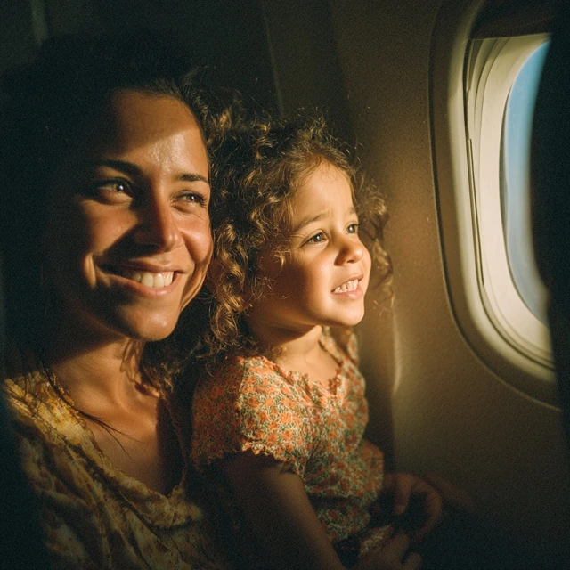 Mother and Daughter Smiling on a Plane