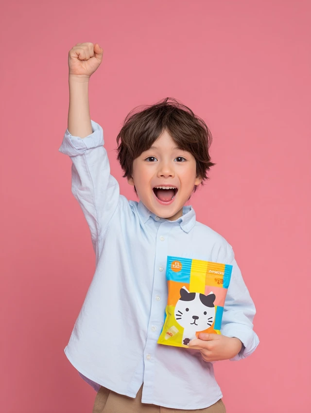 Happy Japanese Boy with Snack Commercial Style