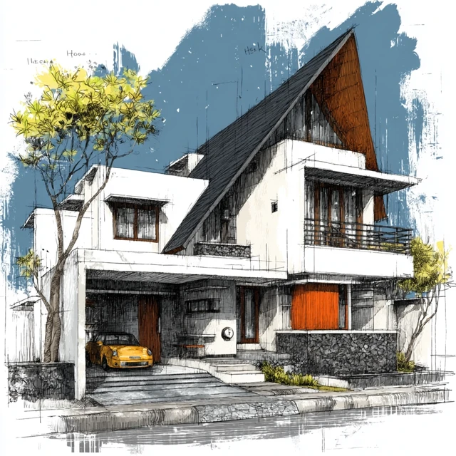 Modern Bauhaus House Sketch Concept Drawing