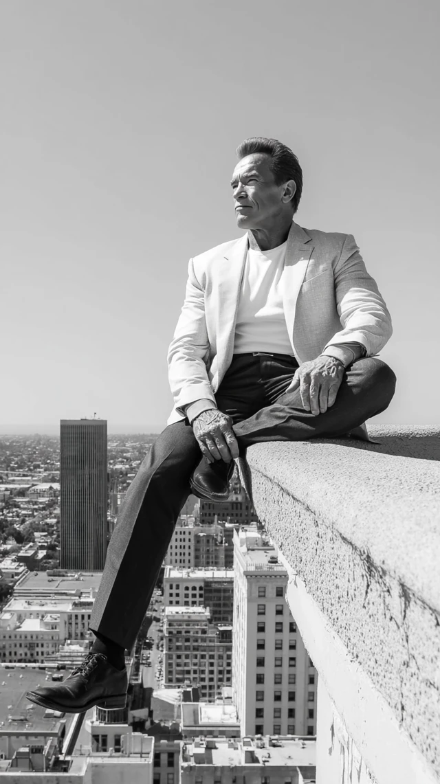 Arnold Schwarzenegger Rooftop Pose Black and White