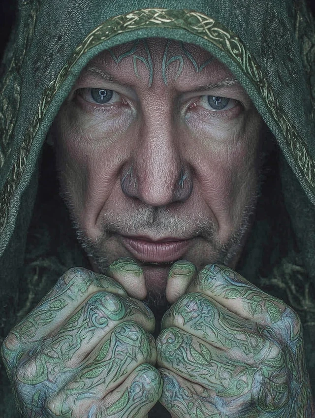 Mystical Sorcerer in Green Hood Casting a Spell