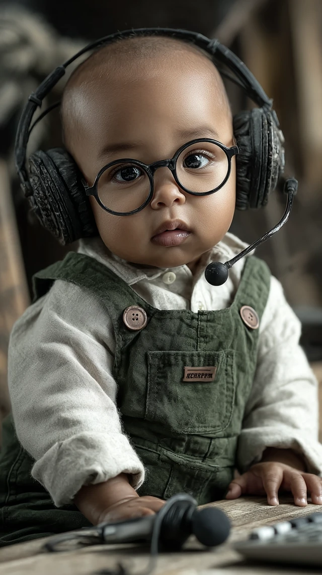 Adorable Baby with Microphone and Headphones