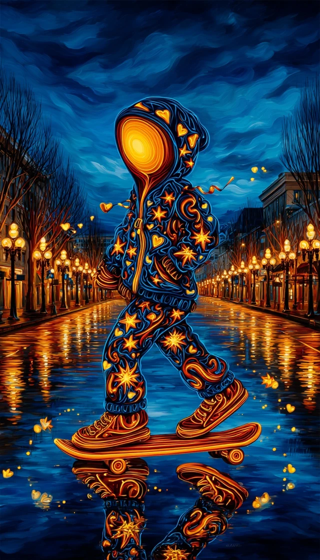 Girl Skateboarding in Neon City Art