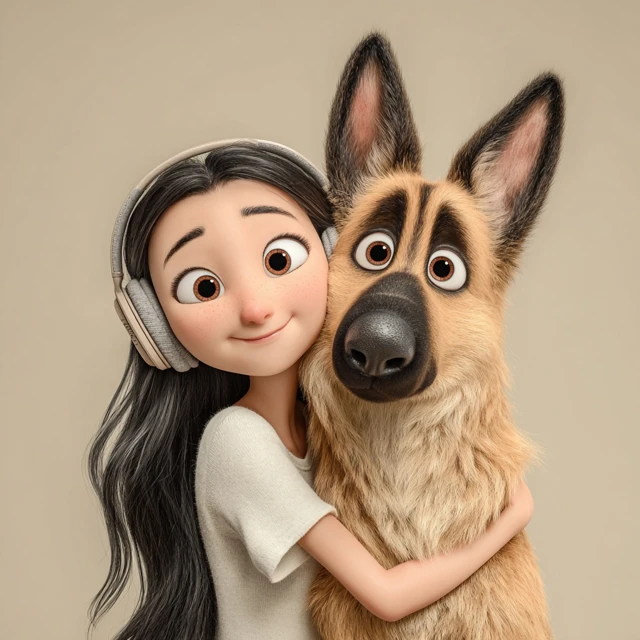 Asian Woman and Dog Smiling Together Pixar Style