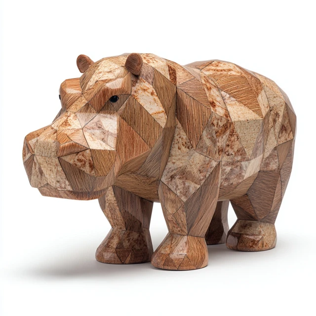 Wooden Geometric Hippopotamus Sculpture
