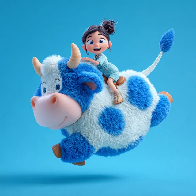 Girl Riding Fluffy Cow 3D Cartoon