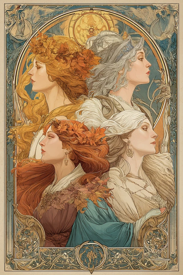 Mucha Style Witches Elements Art Nouveau Poster
