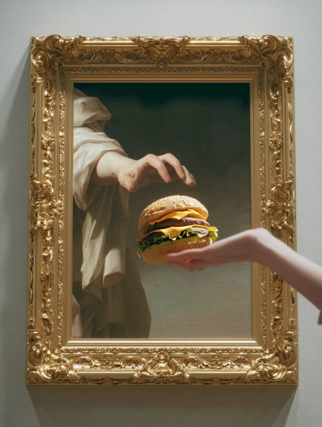 Artful Burger: Baroque Frame Meets Modern Feast